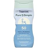 Coppertone Pure and Simple Zinc Oxide Mineral Sunscreen Lotion SPF 50, Water Resistant Sunscreen for Sensitive Skin, Hypoallergenic and Fragrance Free, 6 Fl Oz Bottle