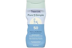 Coppertone Pure and Simple Zinc Oxide Mineral Sunscreen Lotion SPF 50, Water Resistant Sunscreen for Sensitive Skin, Hypoallergenic and Fragrance Free, 6 Fl Oz Bottle
