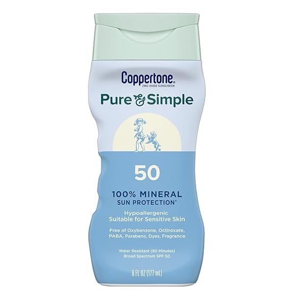 COPPERTONE PURE AND SIMPLE ZINC OXIDE MINERAL SUNSCREEN LOTION SPF 50, WATER RESISTANT SUNSCREEN FOR SENSITIVE SKIN, HYPOALLERGENIC AND FRAGRANCE FREE, 6 FL OZ BOTTLE