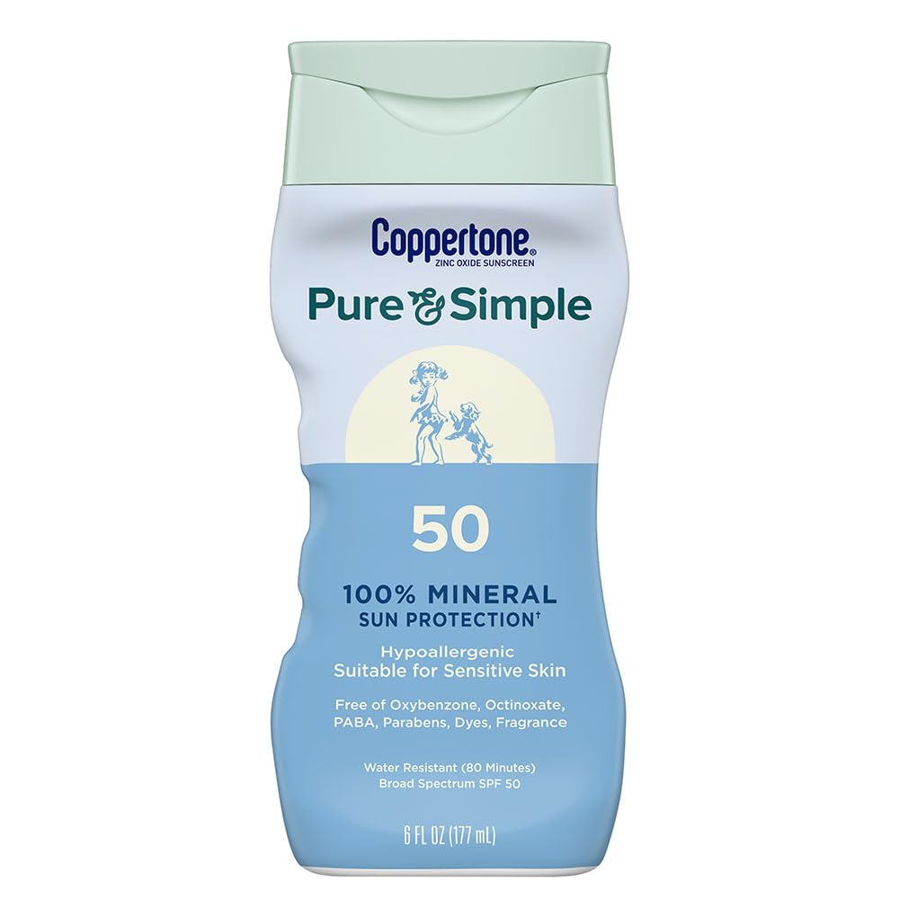 Photo 1 of Coppertone Pure and Simple Zinc Oxide Mineral Sunscreen Lotion SPF 50, Water Resistant Sunscreen for Sensitive Skin, Hypoallergenic and Fragrance Free, 6 Fl Oz Bottle