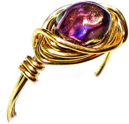 Plum Fire & Ice Czech Art Glass Halo Puff Gold Wire Ring Size 4-12 Handmade in USA