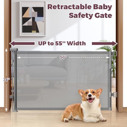 Cideny Retractable Baby Gate for Stairs & Doorways, Mesh Dog Gate Indoor Outdoor, Extends to 55" Wide 34" Tall Child Gate for Hallways, Deck, Porch, Pet Toddler Safety Essentials, Easy Install, Grey