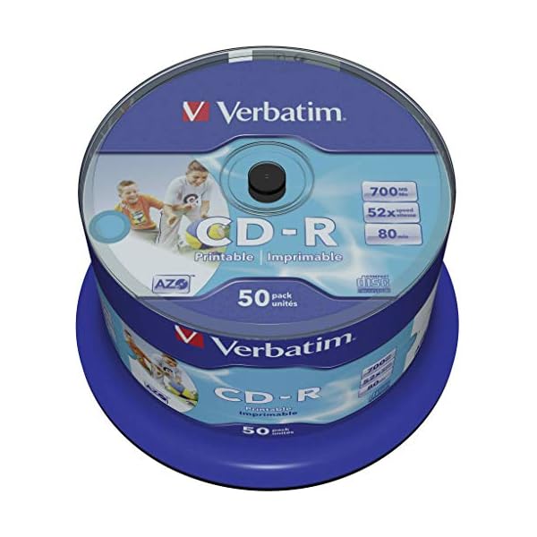 Verbatim CD-R AZO Wide Inkjet Printable 700 MB, 50er Pack Spindel, CD Rohlinge, 52-fache Brenngeschwindigkeit mit langer Lebensdauer, leere CDs bedruckbar, Audio CD Rohling