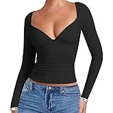 eoeoo Women's Sexy Deep V Neck Long Sleeve Double Lined Ruched Tops Slim Fitted Going Out Tshirts