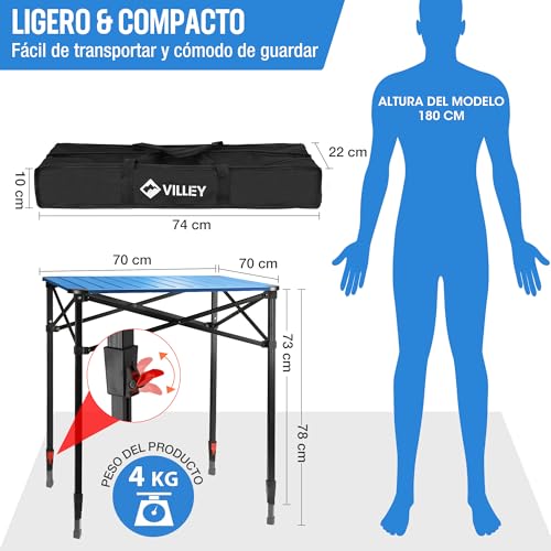 VILLEY Folding Table with Carry Bag, Portable Aluminium Folding Table, Height Adjustable Camping Table, Camping Table for Picnic, Fishing, Camping, Beach and Extrior, 70 x 70 x 78 cm