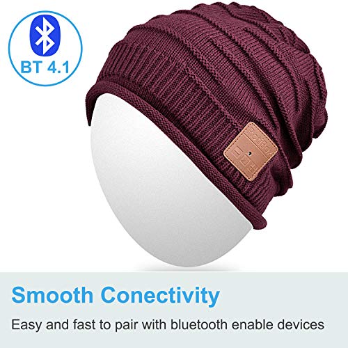 Mydeal Wireless Bluetooth Beanie Hat Headphones Headsets Music Audio Cap with Speakers Mic Hands Free for Women Men Outdoor Sports,Compatible with Iphone 7/7 plus,Samsung,Christmas Gifts - Burgundy