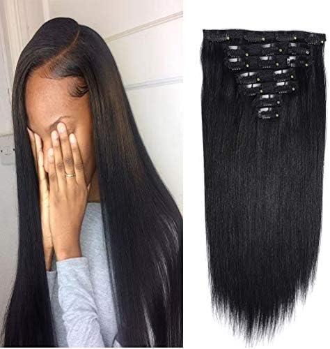 20" Clip in Hair Extensions Human Hair Clip on Remy Hair Extensions for Woman Straight 100g Double Weft 7 Pieces 16 Clips Jet Black Soft Silky Real Brazilian Hair Extensions (20" 100g, Jet Black)