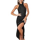 Satin Halter Backless Silt Midi Dress for Women 2024 Elegant Formal High Neck Cowl Back Silk Wedding Guest Sexy Dresses