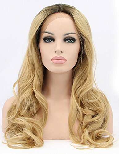 K'ryssmaÂ® Ombre Blonde Glueless Lace Front Wig Dark Roots 2 Tones Long Natural Wavy Golden Blonde Half Hand Tied Replacement Synthetic Hair Wig For Women Heat Friendly 22 Inches