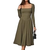 CHYRII Women Spring Fashion 2025 Square Neck Long Sleeve Casual A-Line Midi Dress