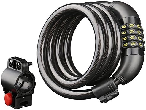 Bike Lock Cable,4-Feet Resettable Combination Bike Lock with Lock Holder, Bike Locks, 4-Digit, with Mounting Bracket, 4 Feet, 1/2 Inch, Black