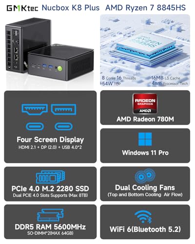 GMKtec Gaming Mini PC K8 Plus AMD Ryzen 7 8845HS (8K/16T, up to 5.1GHz) 32GB DDR5 RAM 512GB SSD, Desktop Oculink/Dual NIC 2.5G/WiFi 6E/BT5.2/HDMI 2.1/USB4/USB3.22 + USB2.02
