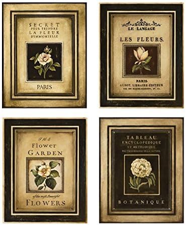 WallsThatSpeak French Flower Art Poster Print, 8 by 10-Inch, White/Brown/Beige, Set of 4