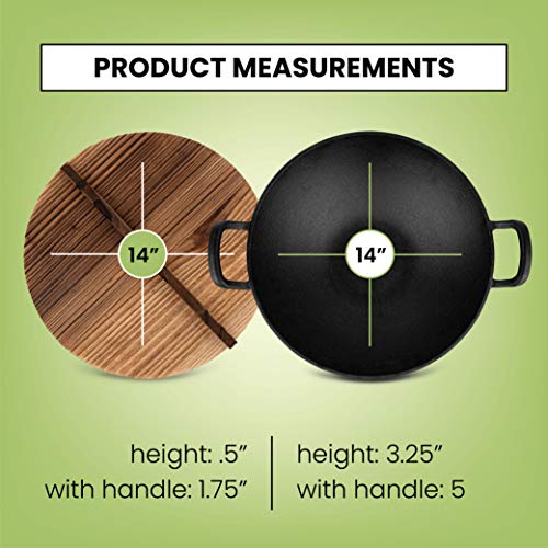Pre-Seasoned Cast Iron Wok with 2 Handled and Wooden Lid (14 Inches) - Nonstick Iron Deep Frying Pan with Flat Base for Stir-Fry, Grilling, Frying, Steaming - Authentic Asian, Chinese Food By Homeries - Thumbnail 3