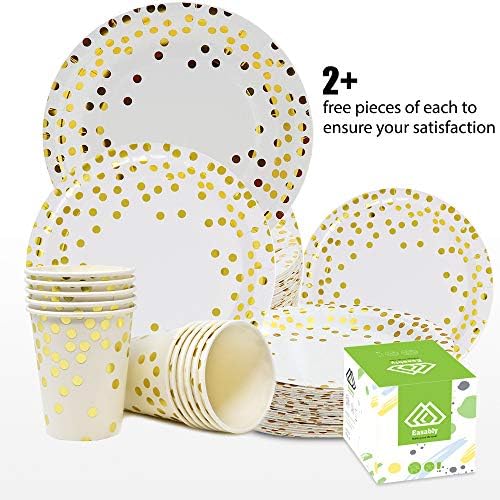 Easably 150 Gold dot disposable paper plates set: 50 dinner plates, 50 dessert plates, 50 cups 9oz for wedding, birthday, anniversary, bridal baby shower, NewYear, Thanksgiving, Christmas 6FREE pieces