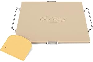 Unicook Pizza Stone for Oven and Grill, 16 x 14 Inch Rectangular Baking Stone for Bread, Cordierite Pizza Pan for Baking Crispy Bread and Cookies, Includes Carry Rack and Dough Scraper
