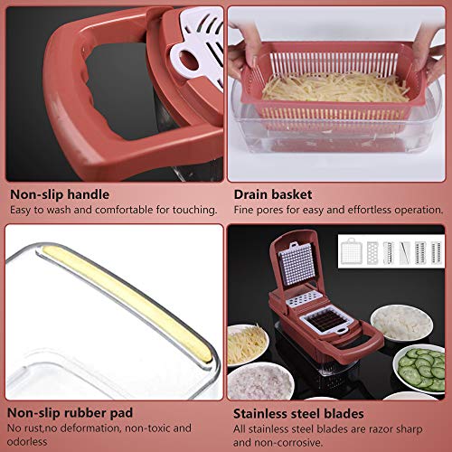 Vegetable Chopper, Onion Veggie Slicer Chopper, Spiralizer Vegetable Cutter Chopper Blades with Durable Fruit Slicer Cutter Container for Cooking Tools (Red)
