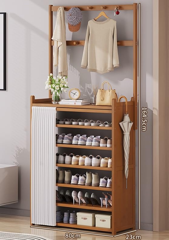 Shoe Rack Storage Cabinet Bamboo Free Standing Shoe Racks with Dustproof Curtain Storage Shelf Organizer for Entryway Hallway Bedroom (E-7 Tier)
