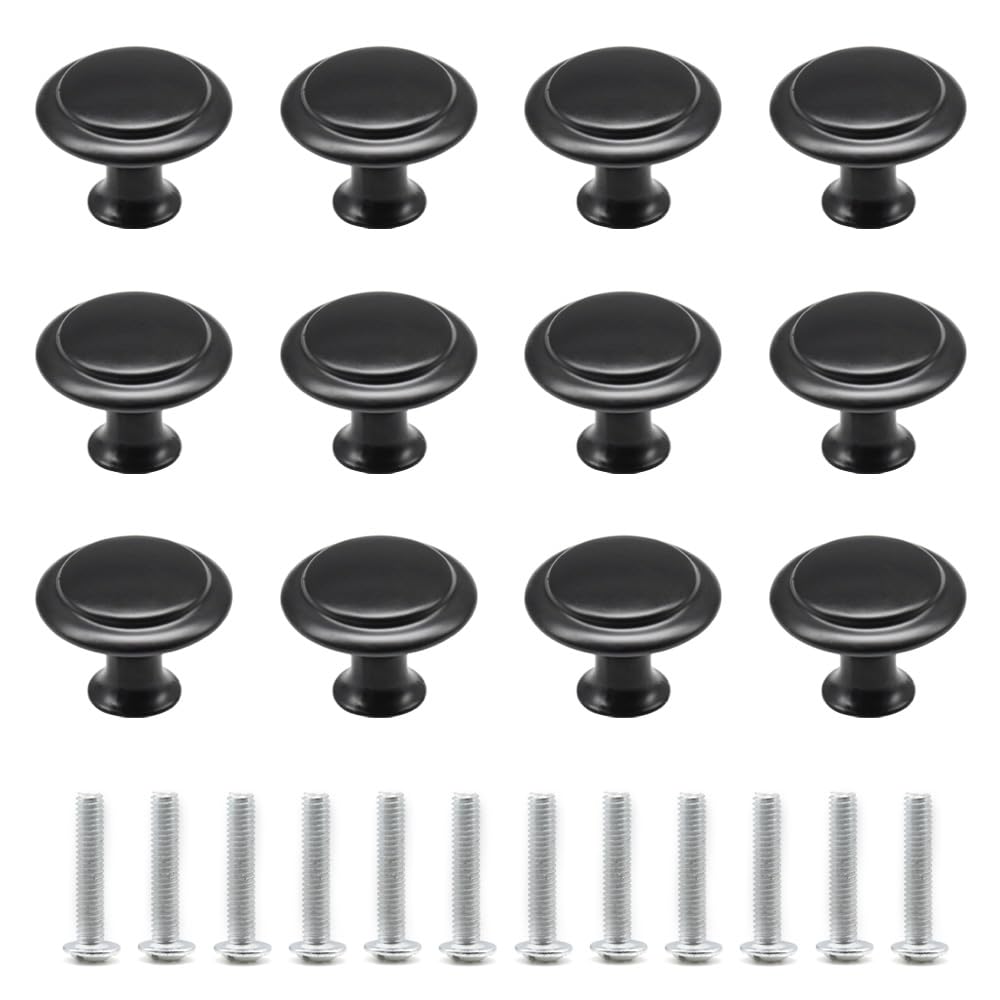 Ruidee 12 PCS Round Drawer Cupboard Handle 27mm Mushroom Shape Pull Handle Pull Handle Knobs with Screws for Doo,Cupboard,Wardrobe(Black/27MM)