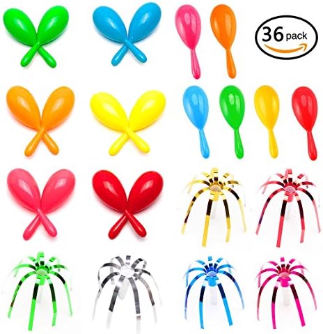 Kidsky 24 Mini Neon Maracas Shakers + 12 Glitter Fringled Metallic Blowouts Whistles, Birthday Party Favors, Party Accessory, Prizes For Kids, New Years Party Noisemakers.