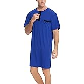 Yukiuiny Men Short Sleeve Nightshirt Knee Length Nightgown Cotton Sleep Shirt Lounge Wear