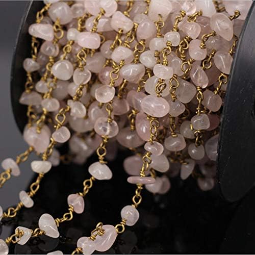 10 Feet Rose Quartz Nugget Chips Smooth 24k Gold Plated Rosary Beads Chain