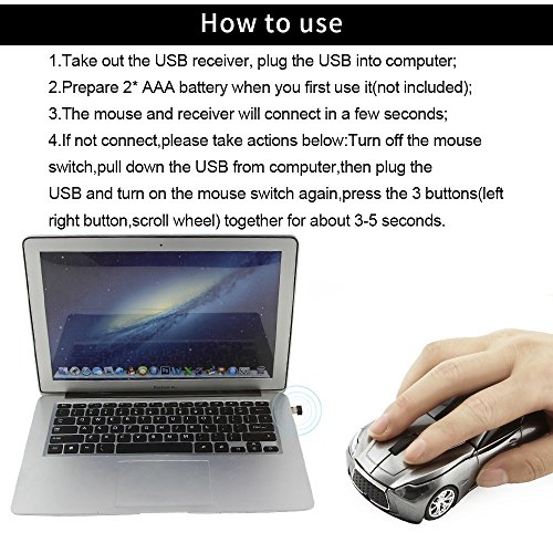 Usbkingdom 2.4GHz Cool Sport Car Shape Wireless Mouse Optical Cordless Mice with USB Receiver for PC Laptop Computer 1600DPI 3 Buttons Gray - Thumbnail 7