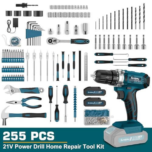 Sundpey Tool Case 255 Pieces with 21 V Cordless Drill Screwdriver Cordless Household General Case Repair Tools for Homeowner/Auto DIY