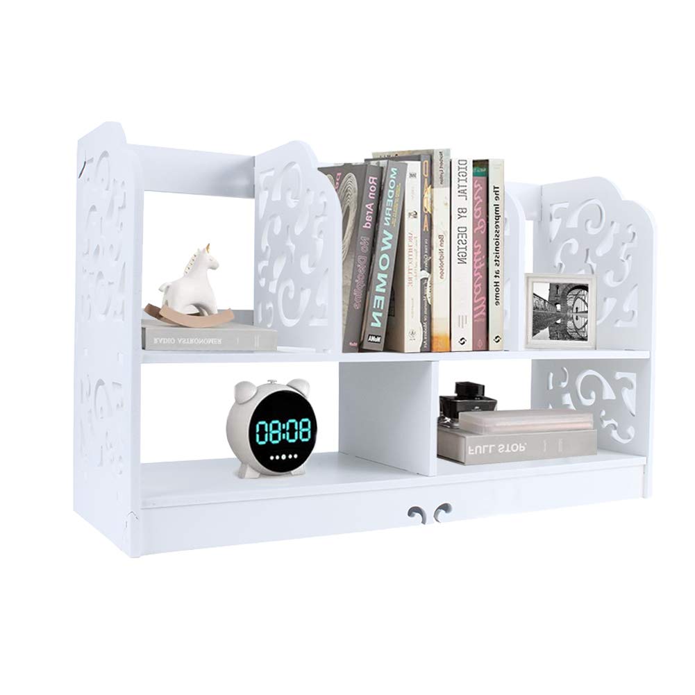 2 Tier Desktop Bookshelf, White, Wooden Storage Organiser Stand with Carved Patterns, Mini Display Rack for Books and Office Supplies, 35 x 21.5 x 60 cm