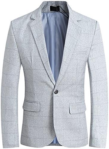 Men's Slim Fit Suits Casual One Button Flap Pockets Solid Blazer Jacket (M, Light Gray)