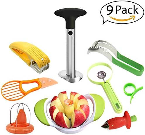 Fruit Slicer Peeler Set of 9, Pineapple Corer, Avocado Knife, Watermelon Banana Apple Slicer, Orange Lemon Peeler, Cantaloupe Peeler Melon Baller, Strawberry Huller, Fruit Tool Set