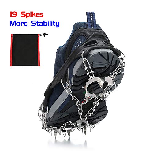 Crampons Traction Cleats Ice Cleats Snow Grips Grippers Anti Slip Stainless Steel Microspikes with 19 Spikes 1 Free Pouch for Men Women Boots Shoes Hiking Backpacking Mountaineering