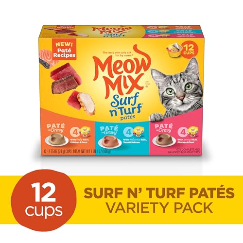 MEOW MIX PATÉ IN GRAVY WET CAT FOOD VARIETY PACK, SURF N’ TURF PATÉS 2.75 OUNCE (PACK OF 12)