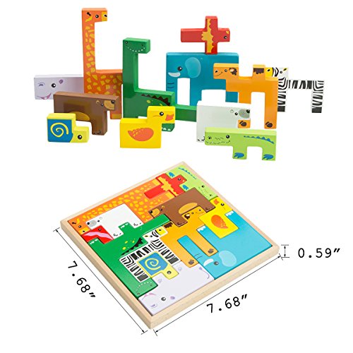 Wondertoys 13 Pieces Wooden Animal Blocks with Book Guide Stacking Game Educational Toys for Children Baby