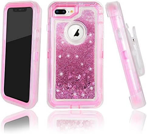 iPhone 8 Plus Case, iPhone 7 Plus Case, 3-Layer Floating Quicksand Glitter Case for iPhone 8 Plus/7 Plus/6 Plus, Shockproof Bumper with Clip Bling Phone Cover (Pink)