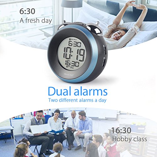 REACHER Twin Bell Alarm Clock with Dual Alarm, Optional Weekday Alarm, Snooze, Backlight, Battery Operated
