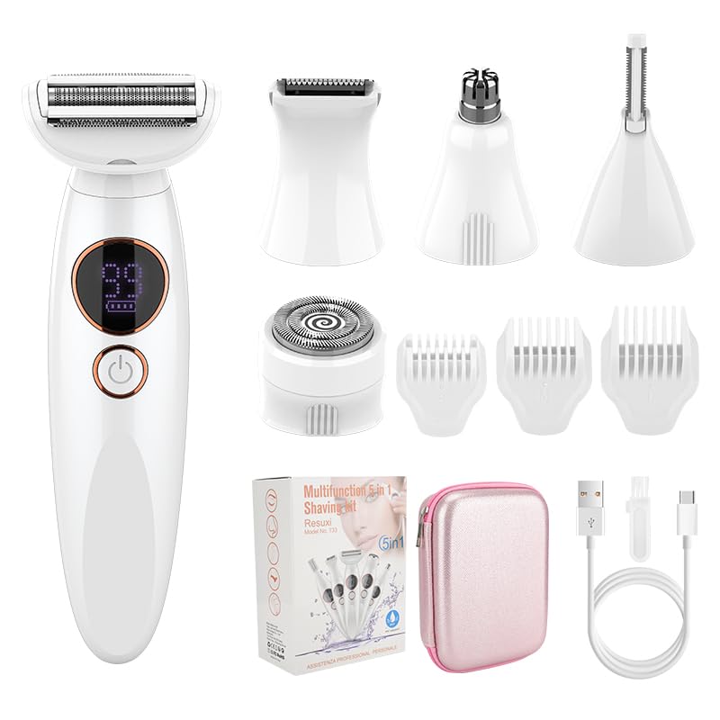 Women's Electric Shaver, 5 in 1 Multifunctional Hair Removal and Grooming, 5 Accessories (Body/Face/Eyebrows/Nose/Ears), Electric Shaver with LED Display