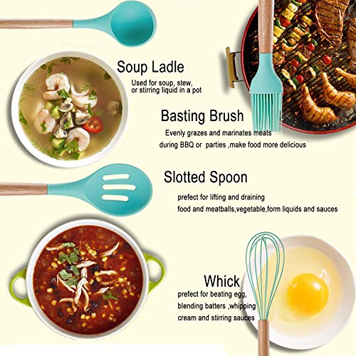 Kitchen Utensil Set, CROSDE 15pcs Cooking Utensils Set Silicone Kitchen Tools Wooden Spatula Set Cookware Turner Tongs Spatula Spoon Kitchen Gadgets with Holder - Teal - Thumbnail 5