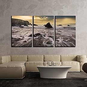 3 Piece Canvas Wall Art - White Waves on The Seashore with Rocks - Modern Home Art Stretched and Framed Ready to Hang - 16"x24"x3 Panels