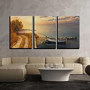 3 Piece Canvas Wall Art - an Oil Painting on Canvas of a Romantic Colorful Sunrise by The Sea with a Boat - Modern Home Art Stretched and Framed Ready to Hang - 16"x24"x3 Panels