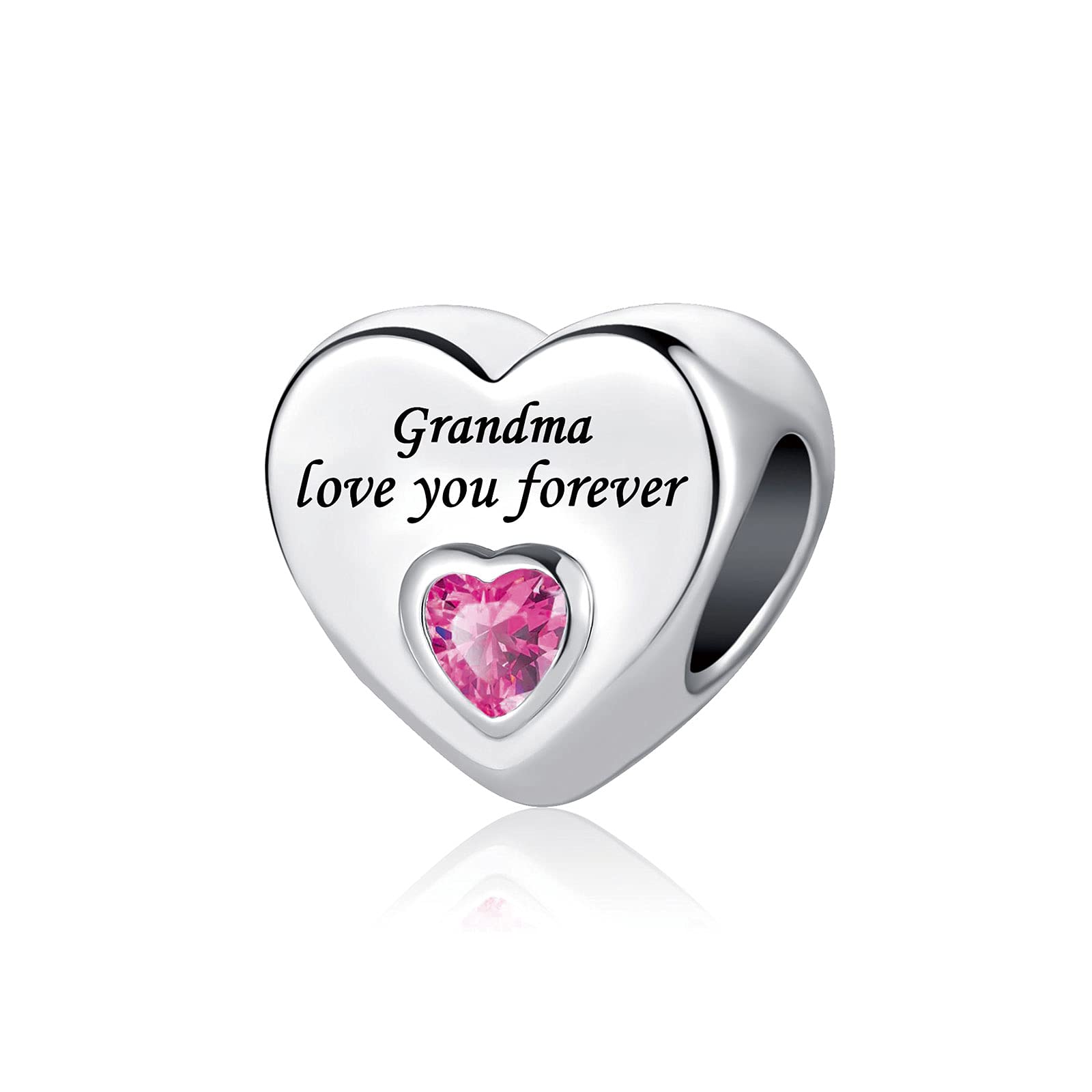 SBI Jewelry Grandma Pink CZ Heart Charm Compatible with Pandora Charm Bracelet Grandmother Bead Pendant Family Friend Birthday Christmas