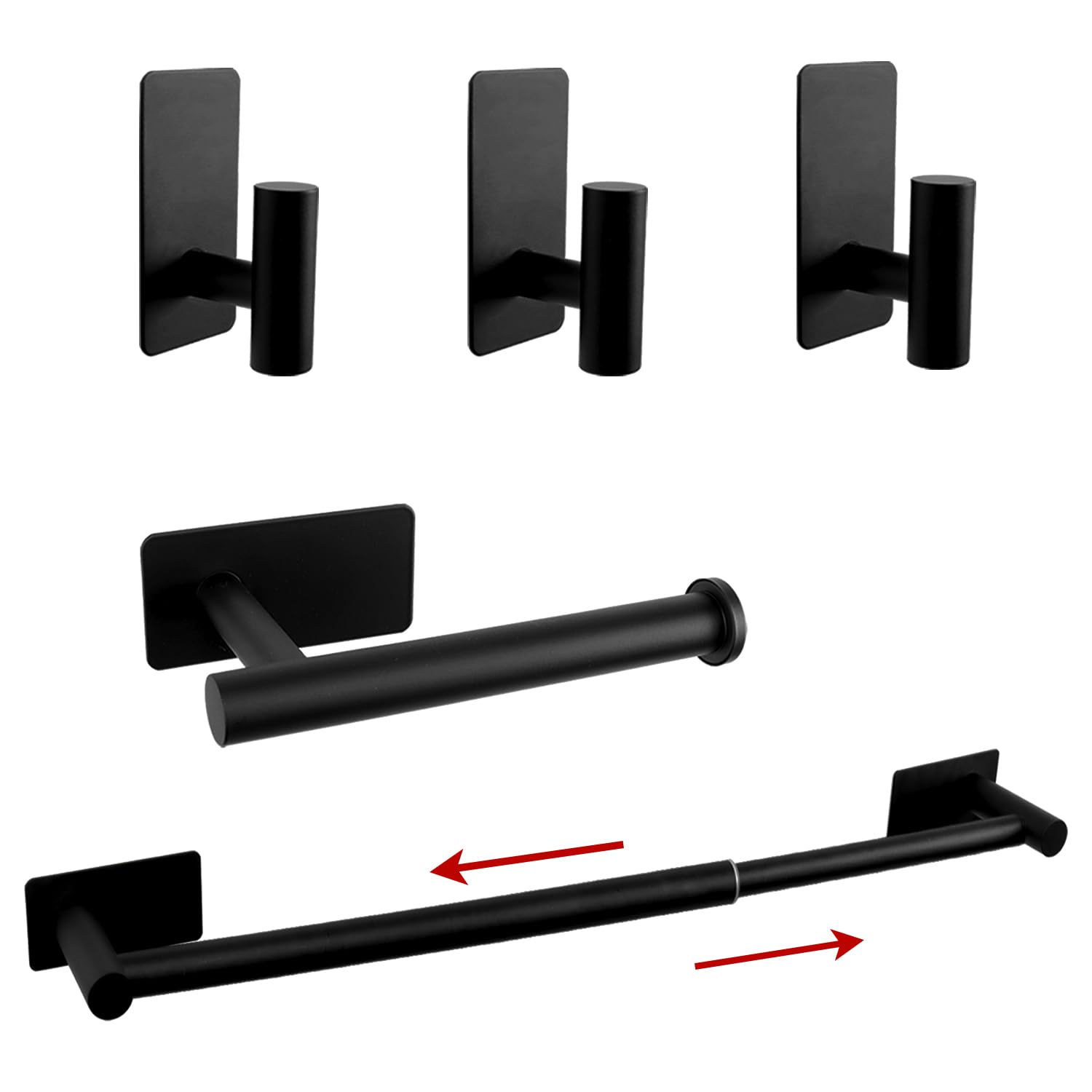 Photo 1 of Vanloory 5 PCS Self Adhesive Bathroom Hardware Set, Stainless Steel Towel Rack Set Include Adjustable 24In Bath Towel Bar+Toilet Paper Holder+3 Towel/Robe Hooks Bathroom Accessory Kit(Matte Black)