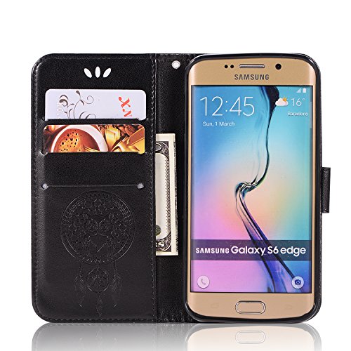 Samsung Galaxy S6 Edge Case, ARSUE Shock Absorbing 3D Handmade Soft Flip Folio [Kickstand Feature] PU Leather Wallet Owl Dreamcatcher Case with ID&Credit Card Pockets for Samsung Galaxy S6 Edge,Black - Thumbnail 2