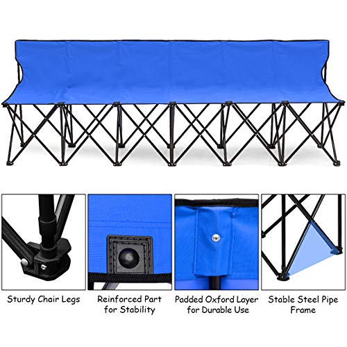 Giantex Portable Folding 6 Seats Chair Sideline Bench W/Seat Backs & Carry Bag Sports Team Camping (Blue) - Thumbnail 3