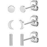 BLISI 3 Pairs Titanium Gold Stud Earrings - Hypoallergenic Moon/Heart/Ball/Bar/Flat Disc Small Studs Earrings for Women Minimalist Silver Nap Earrings Tarnish Resistant Earrings