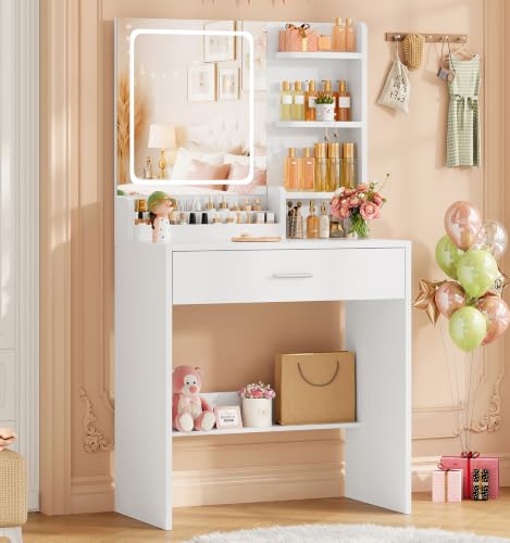 TEENFON Vanity Desk with Mirror and LED Lights, Small Vanity with 2 Open Compartments & 4 Shelves, Dressing Table with Large Drawer for Bedroom, White