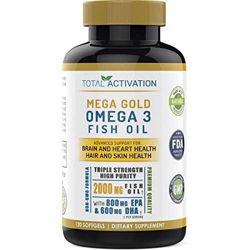 Mega Gold Omega 3 Triple Strength Burpless Fish Oil, Advanced Support Supplement For Brain, Skin, Hair & Heart Health Power, High Potency EPA DHA, Vitamin E, 2000mg, Non-GMO, 120 Small Liquid Softgels