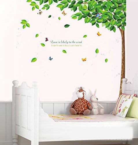 Prettywall Home Decor Mural Vinyl Wall Sticker Green Tall Tree with Falling Leaf Kids Nursery Room Wall Art Decal Paper
