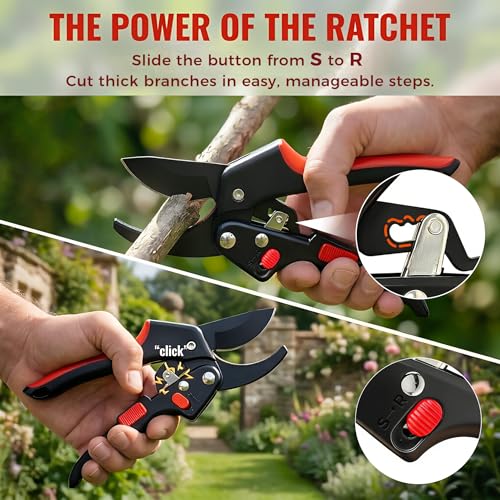 Ratchet Secateurs for Gardening Heavy Duty - 3X Power Garden Secateurs Cutting Width 3/4 in for Weak Hands & Arthritis Sharp SK-5 Steel Pruning Shears & Garden Scissors