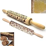 Christmas Wooden Rolling Pin 2 Packs, Embossing Rolling Pins with Engraved Christmas Gift Pattern, Christmas Themed Embossing Rollers, Christmas Symbols for Baking Embossed Cookies
